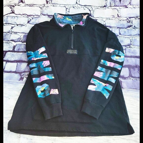 PINK Victoria Secrets black Hawaiian floral long sleeve sweatshirt top - Picture 1 of 4